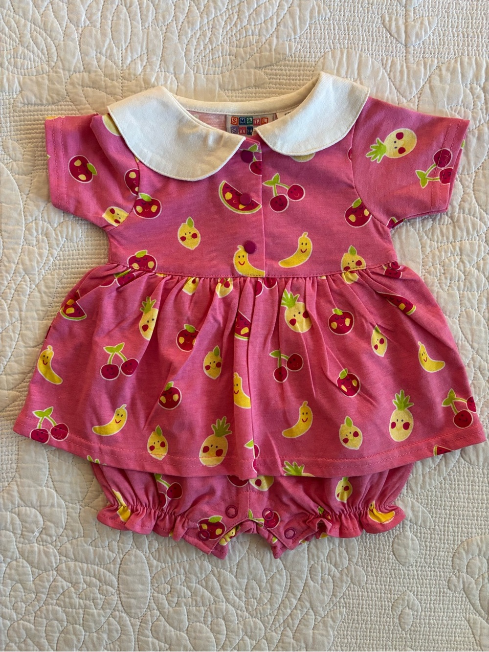 Vintage Smart Steps Pink Fruit-Print Baby Onesie with White Collar